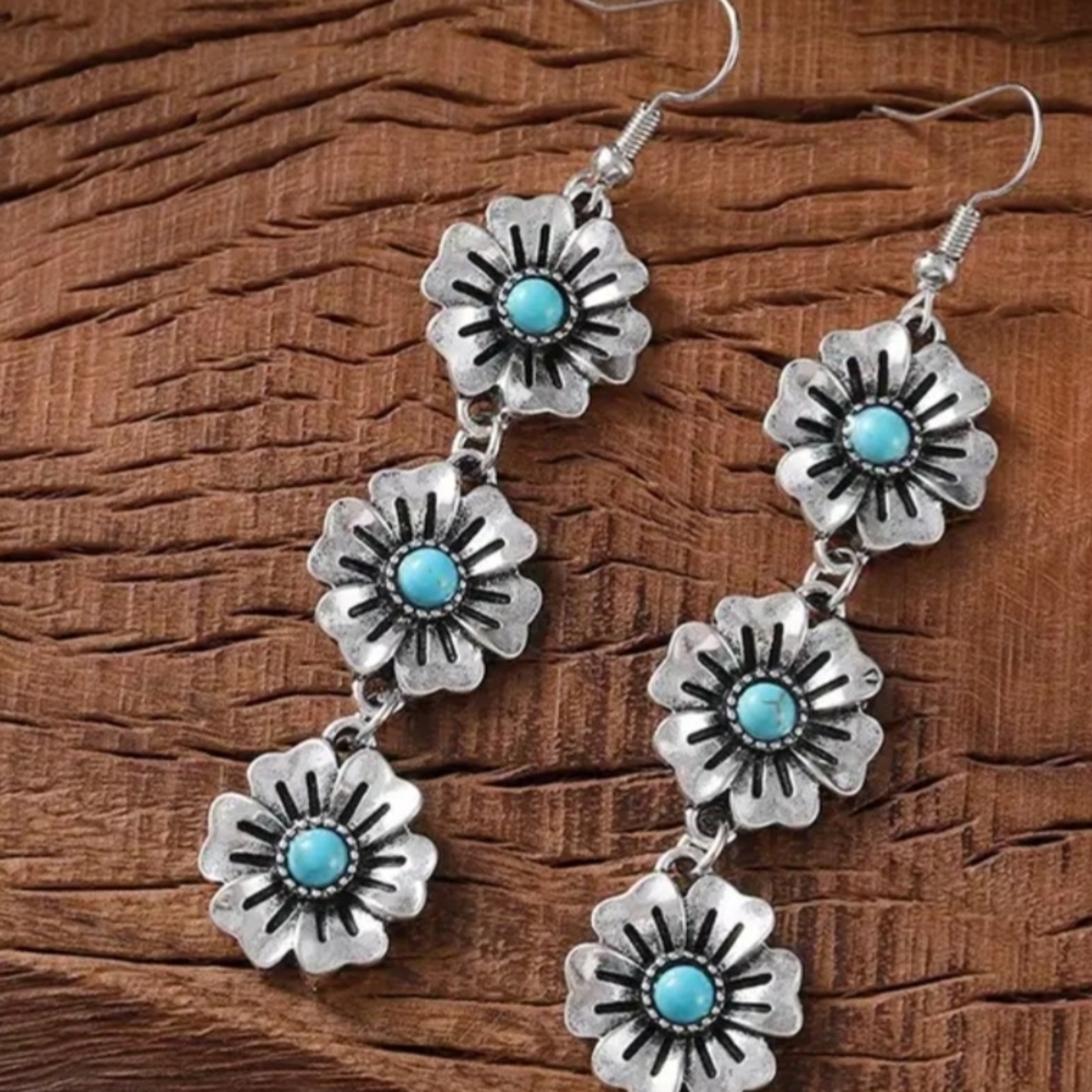 Silver Blue Turquoise Floral Dangle Earrings Western Country Fun